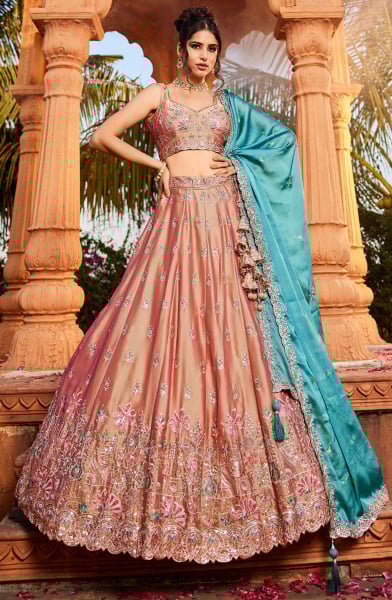 Peach Embroidered Faux Georgette Designer Lehenga Choli