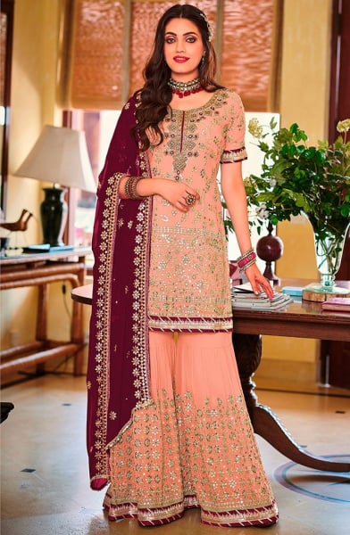 Peach Embroidered Faux Georgette Sarara Kameez
