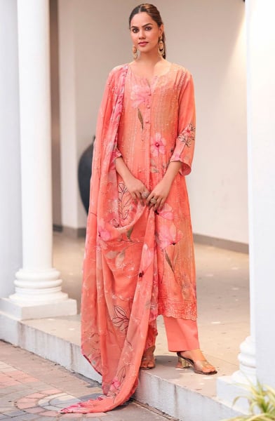 Peach Embroidered Georgette Pant Kameez