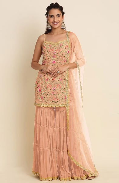 Peach Embroidered Georgette Sarara Kameez