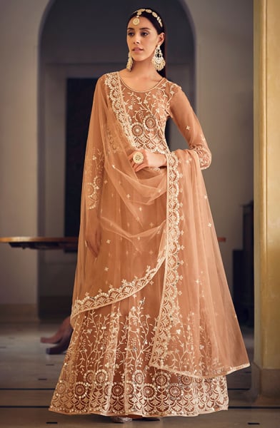 Peach Embroidered Net Anarkali Suit