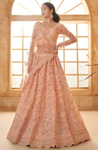 Peach Embroidered Net Designer Lehenga Choli