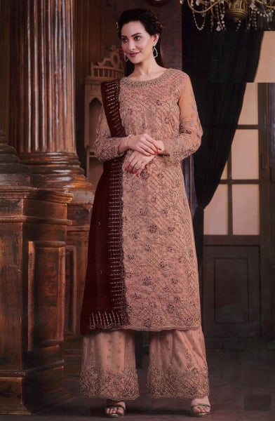 Peach Embroidered Net Palazzo Kameez