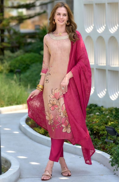 Peach Embroidered Tissue Readymade Pant Kameez
