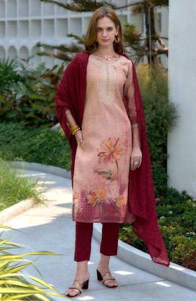 Peach Embroidered Tissue Readymade Pant Kameez