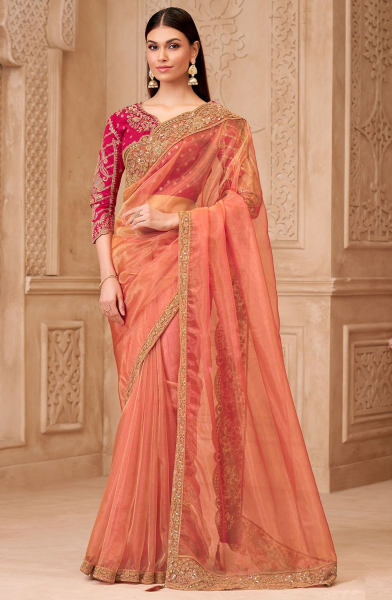 Peach Georgette Silk Saree with Embroidered Blouse