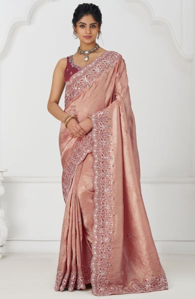 Peach Handwork Pure Dola Silk Designer Saree