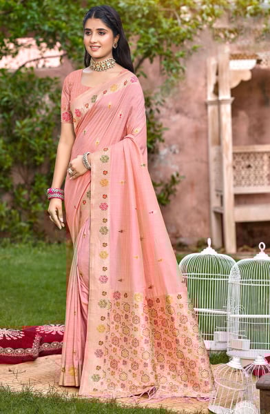 Peach Heavy Assam Silk Meena Work Saree for Festival
