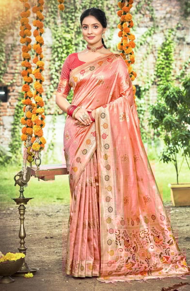 Peach Heavy Assam Silk Meena Work Saree for Festival