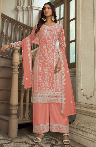 Peach Heavy Butterfly Net Palazzo Suit