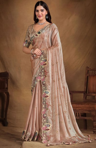 Peach Heavy Embroidered Designer Saree