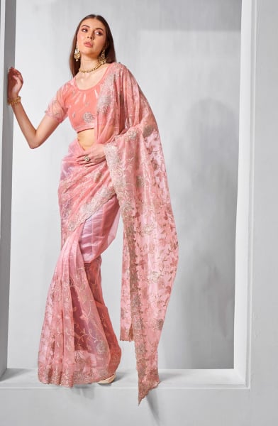 Peach Heavy Embroidered Party Wear Saree