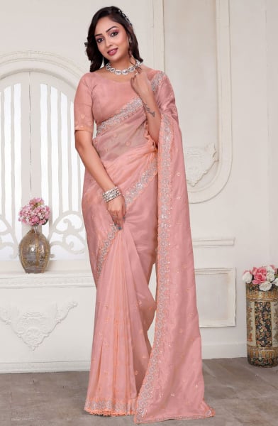 Peach Heavy Resham Embroidered Designer Saree for Ceremonial