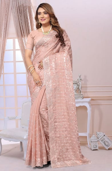 Peach Heavy Resham Embroidered Party Wear Saree