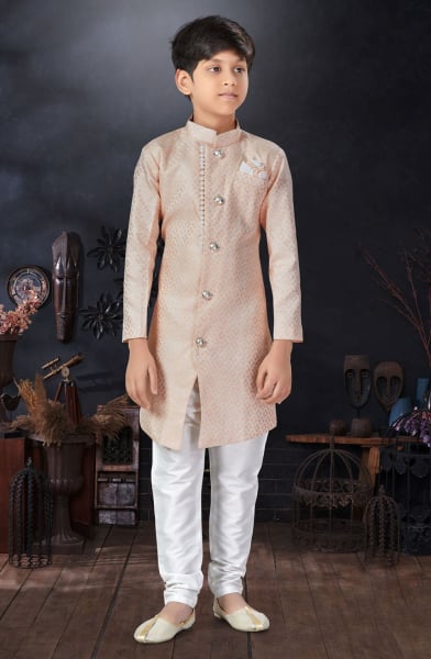 Peach Jacquard Kids Indo Western