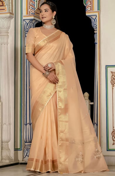 Peach Khatli Work Linen Tissue Saree