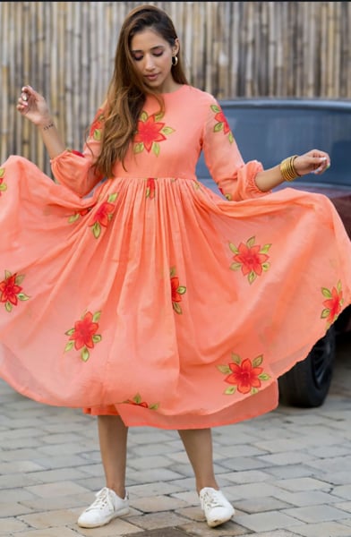 Peach Kota Checks Digital Printed Kurti
