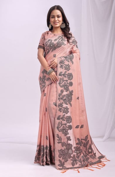 Peach Linen Cotton Party Wear Saree