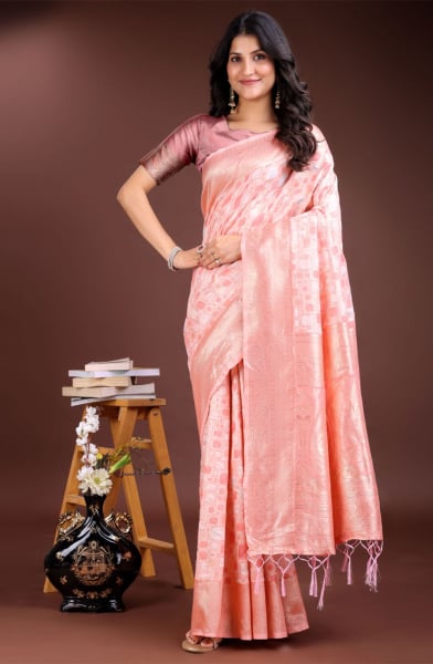 Peach Linen Cotton Woven Saree