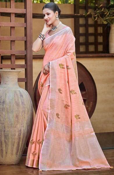 Peach Linen Saree for Festival