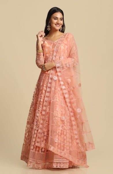 Peach Net Party Wear Lehenga Choli Set