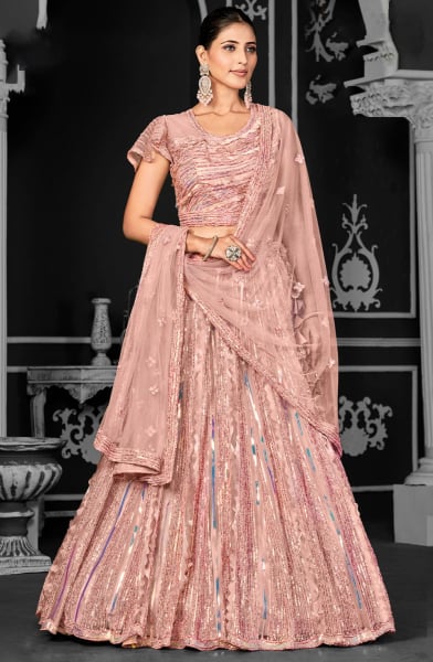 Peach Net Semi Stitched Lehenga Choli and Dupatta