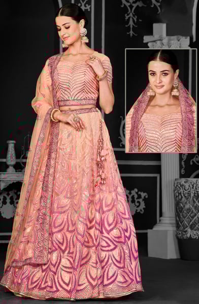 Peach Net Semi Stitched Lehenga Choli and Dupatta