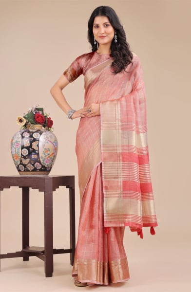 Peach Organza Woven Saree