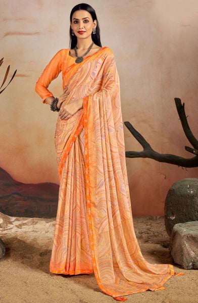 Peach Printed Chiffon Casual Saree