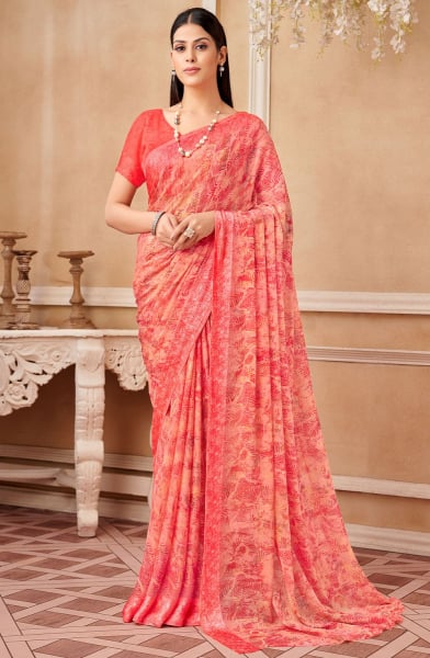 Peach Printed Chiffon Saree with Satin Border