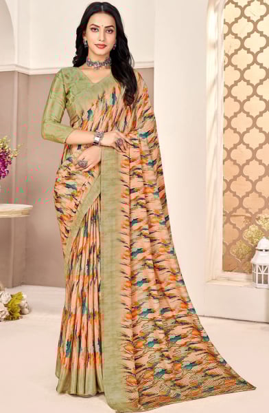 Peach Printed Silk Crepe Saree