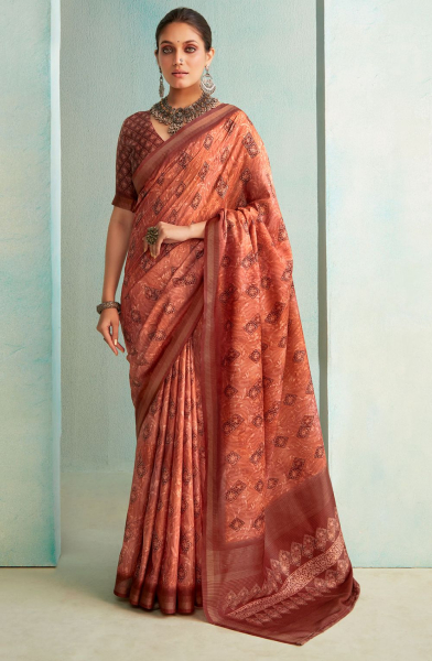 Peach Pure Jute Printed Saree