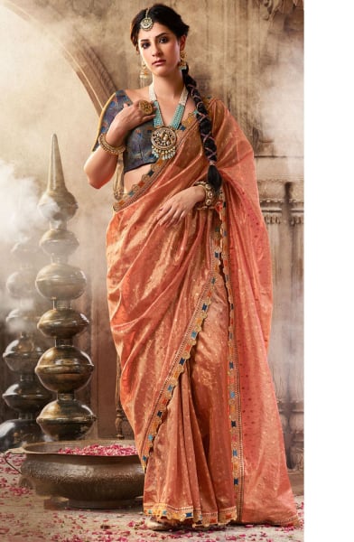Peach Pure Tissue Designer Saree