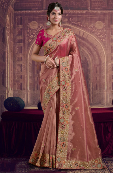 Peach Pure Zari Organza Silk Heavy Embroidered Saree for Ceremonial