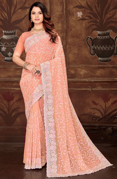 Peach Resham Embroidered Georgette Saree