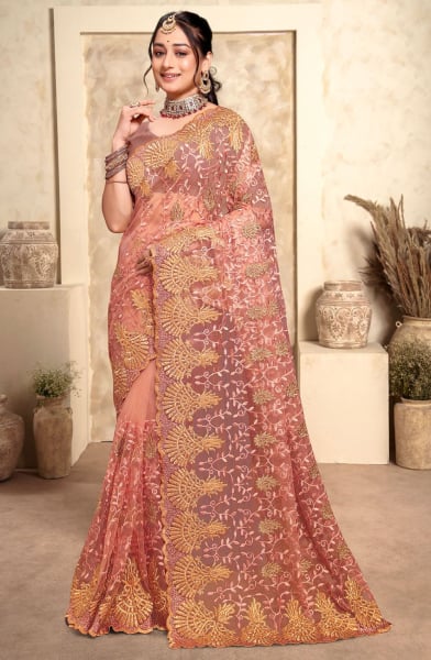 Peach Resham Embroidered Net Saree