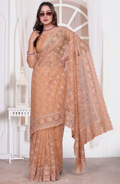 Peach Resham Embroidered Net Saree