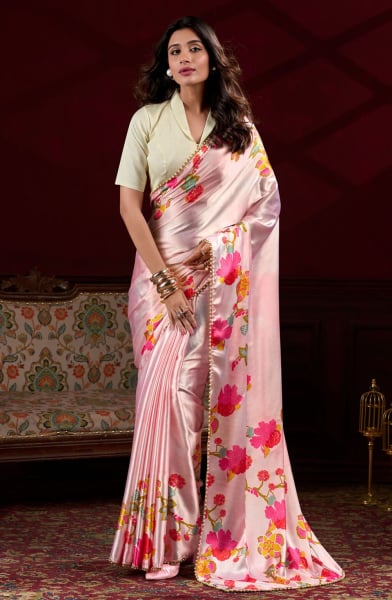 Peach Satin Silk Digital Printed Saree