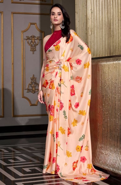 Peach Satin Silk Printed Saree