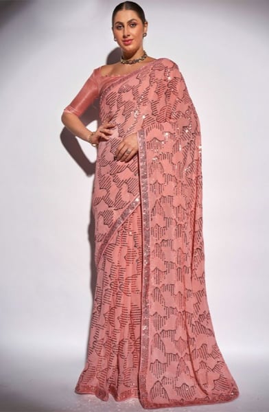 Peach Sequined Georgette Saree