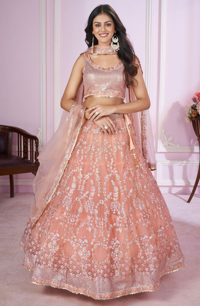Peach Sequins Embroidered Net Lehenga Choli