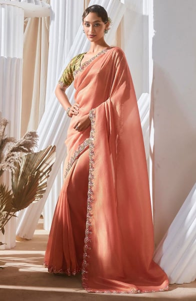 Peach Sequins Embroidered Tissue Organza Saree
