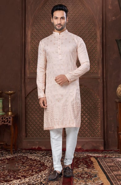 Peach Silk Embroidered Kurta Set
