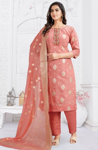 Peach Silk Embroidered Readymade Suit