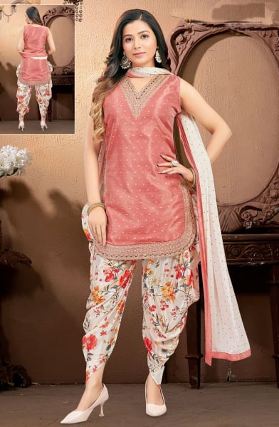 Peach Silk Embroidered Readymade Suit