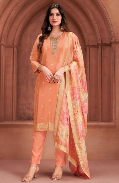 Peach Silk Readymade Pant Kameez Suit