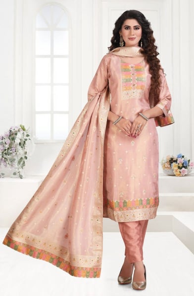 Peach Silk Readymade Pant Kameez Suit