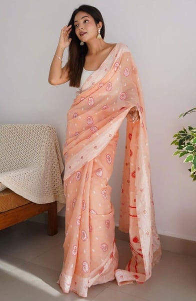 Peach Soft Linen Zari Saree