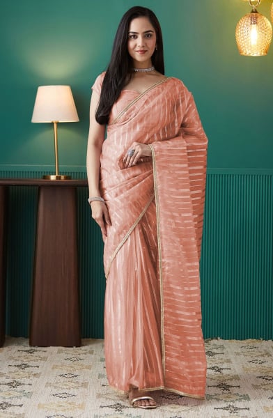 Peach Striped Organza Ready to Wear Saree