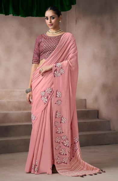 Peach Viscose Cottom Zari and Resham Embroidered Saree for Festival